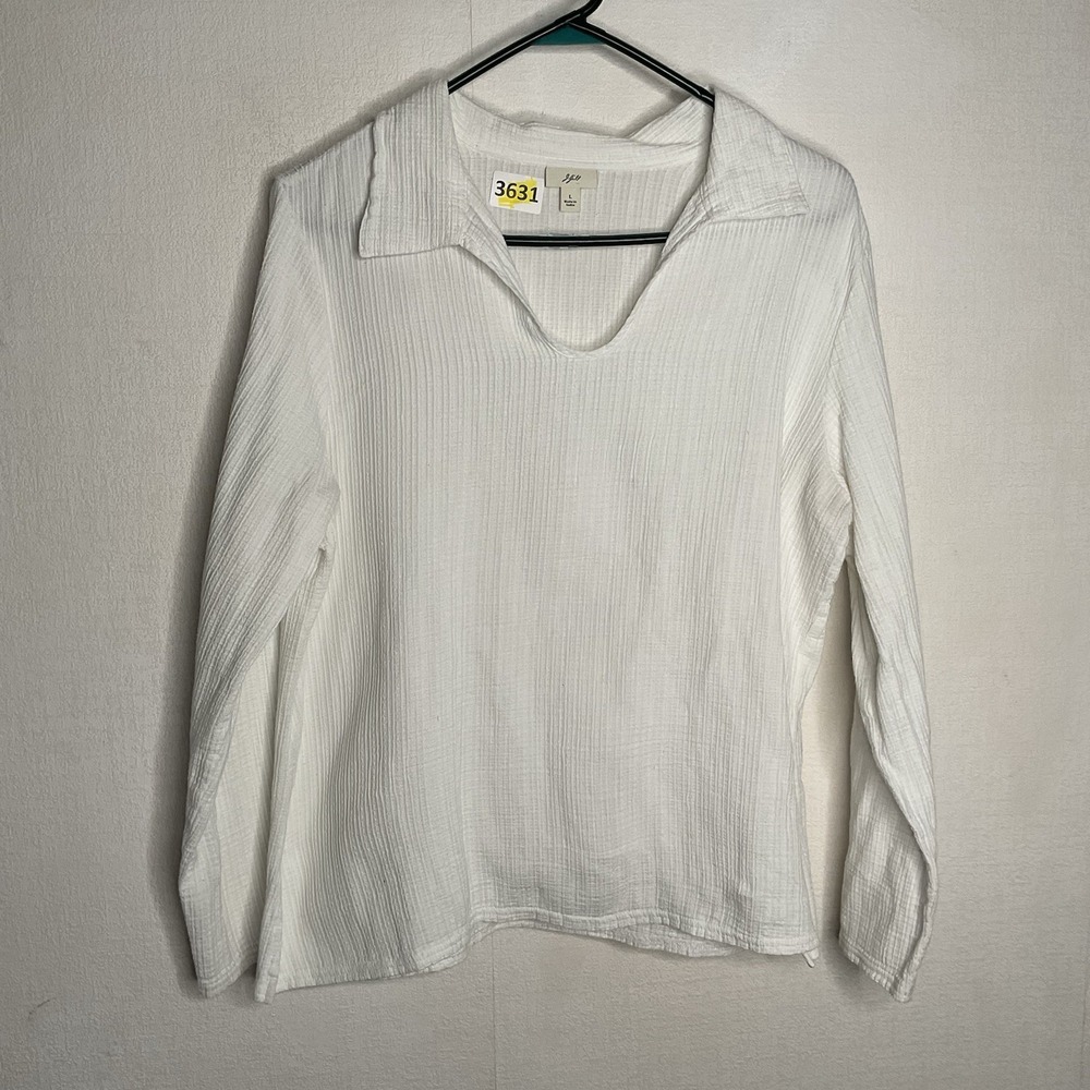 J. Jill Crinkled Cotton Top Tunic Women's Size Large White Long Sleeve Preppy